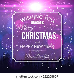 Shining christmas typographical background with falling snowflakes and blurred bokeh lights. Vector illustration.