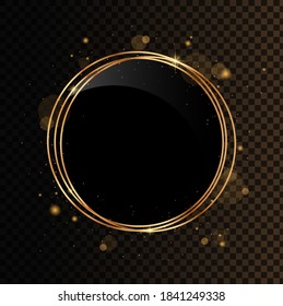 Shining circle banner. Gold geometrical polyhedron with black mirror. Isolated on black transparent background.