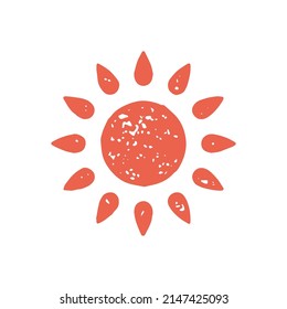 Shining circle red sun surrounded by beams summer vacation symbol grunge texture vector illustration. Bright natural sunny sky weather lighting isolated. Sunset, sundown, sunrise minimalist logo