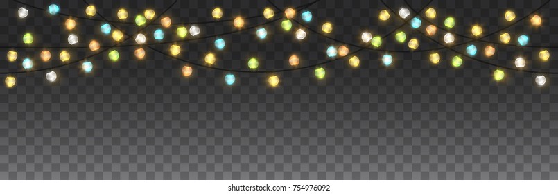 Shining color garlands, festive xmas decorations. Glowing holiday christmas lights isolated on transparent background. Horizontal seamless realistic 3d vector objects.