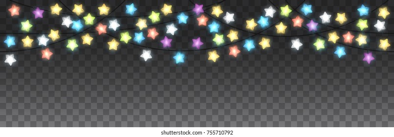 Shining color garlands in star form, festive xmas decorations. Glowing holiday christmas lights isolated on transparent background. Horizontal seamless realistic 3d vector objects.