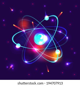 Shining colorful atom vector model. Illustration of physical atom connection