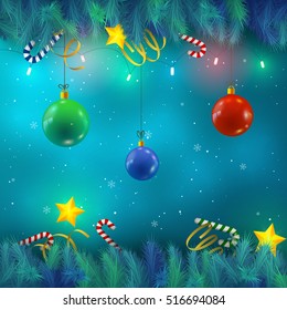 Shining colorful baubles on background with christmas tree branches and stars flat vector illustration
