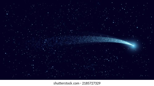Shining Comet with a Bright Long Tail Falling in a Starry Night Sky. Astrology Horizontal Backdrop. Stardust in Galaxy. Vector Illustration.