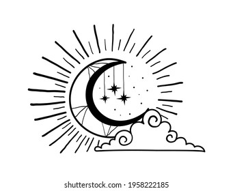 Shining crescent moon with stars and a cloud. Boho illustration in vintage design, tarot clipart. Vector hand drawing isolated on white background.