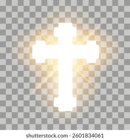 Shining cross. Christian crosses with light rays holy religious hope, faith symbol on transparent background, catholic church white icon. Vector bright heaven glowing cross.