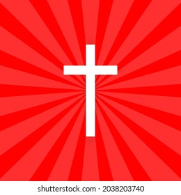 Shining cross isolated on red background. Riligious symbol.