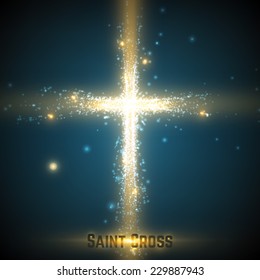 Shining cross on blue background with backlight and glowing yellow particles. Abstract vector religious background. Glowing saint cross. Spiritual shining background. EPS 10 