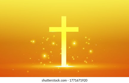 Shining cross, Riligious symbol, Glowing Saint cross. Religion cross bright vector illustration background. Yellow bright and shinny holy. Classic beautiful template for card, greeting, invitation. 