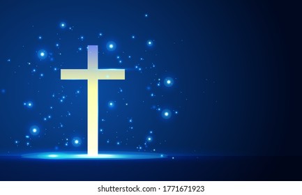 Shining cross, Riligious symbol, Glowing Saint cross. Religion cross bright vector illustration background. White cross in blue background. Religion template for postcard, greeting card and poster. 
