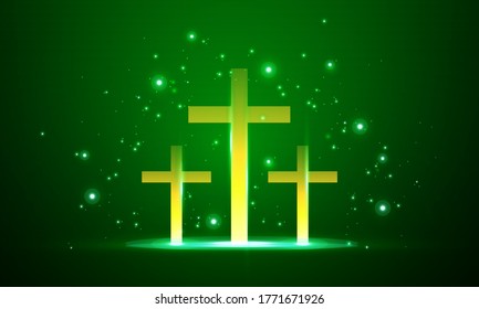 Shining cross, Riligious symbol, Glowing Saint cross. Religion cross bright vector illustration on green background. Shinny religion template for postcard, poster, greeting and invitation card. 