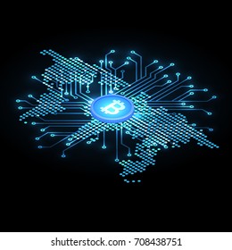 The shining cryptocurrency Bitcoin symbol on the stylized map of the earth.Abstract vector illustration.The concept of global growth of cryptocurrency in the world.Isometric design