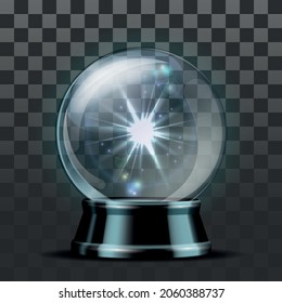 Shining crystal ball on a transparent background. Bright glowing crystal ball for fortune tellers. Glowing magic sphere with light effects. Magic web icon concept