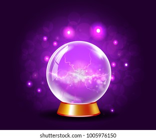 Shining crystal or plasma ball on sparkling bewitching mysterious violet background. Glowing magic sphere with light flashes effects. Magic and fortune teller web icon concept.