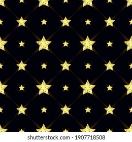 Brillantes estrellas de cristal fondo. Ilustración vectorial 3D. Espacio y fondo nocturno. Patrón sin foco.