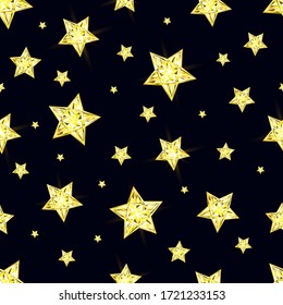 Shining crystals stars background. 3D vector illustration of space and night background. Golden stars seamless pattern. Design for poster design, website, cards, logo, print, wrapping. 