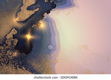 Brillante patrón de mármol azul oscuro y rosa con polvo dorado. Resumen del fondo vectorial en la técnica de tinta alcohólica. Pintura moderna con brillo. Plantilla para banner, diseño de afiches. Pintura de arte fluido