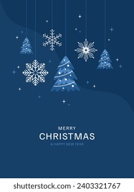 Shining decorations with Christmas trees and snowflakes on dark blue background. Christmas and New Year greeting card. Flat vector illustration