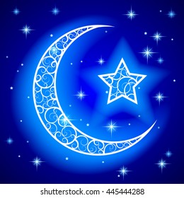 Shining decorative half moon with star on blue night starry sky background. Islamic design Ramadan Kareem greeting card and placard. Vector illustration.