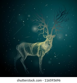 Shining Deer on the night sky / Surreal blue background