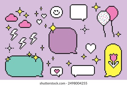 Shining dialogue box in pixel art. Speech bubbles with sparkles. Y2k trendy playful pixels stickers. Mood of 90's aesthetics. 8-bit retro style vector illustration. Simple geometric form. Icon pack