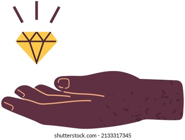 Shining diamond, gem levitates over hand. Precious stone, expensive brilliant. Outline of flying gem. Symbol of wealth, value, success. Gemstone, yellow crystal, luxury stone over human palm
