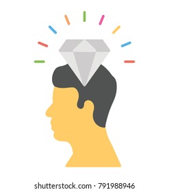 A shining diamond in human brain, conceptual vector flat icon of a brilliant person or precious mind 
