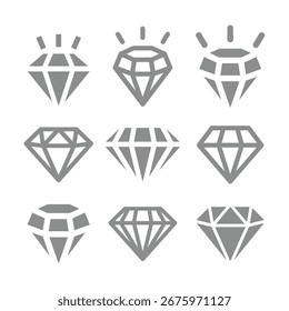 Conjunto de iconos de Vector, línea y diamante brillante. Iconos de diamantes de cristal brillantes y radiantes.