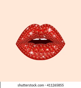 Shining diamond luxury red lips, jewel and crystal, fashion and glamor, vector illustration