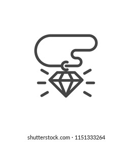 Shining diamond on chain simple linear icon. Precious jewel, gemstone sign, accessory, symbol of wealth. Graphic web pictogram. Vector illustration isolated on white background