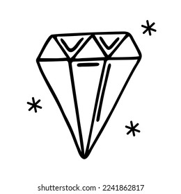 Shining diamond vector icon. Hand drawn doodle isolated on white. Beautiful cut gemstone. Glass prism, magic crystal. Simple sketch, outline. Clipart for logo, postcards, posters, prints
