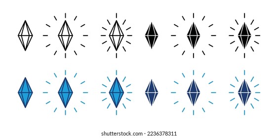 Shining diamonds gemstone icon set. Diamond in flat and outline style logo design. Gemstone with sparkle line art vector icon for game, apps, and websites, symbol illustration