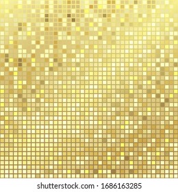 Shining disco mosaic square gold background. Isolated abstract graphic design template. Golden color pixels. Modern digital yellow pattern. Holiday shiny creative decoration. Medal royal elements.