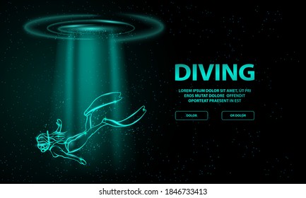 Shining diver girl under a rays of light from the sea water surface above. Diving and snorkeling neon illustration for landing page or banner template.
