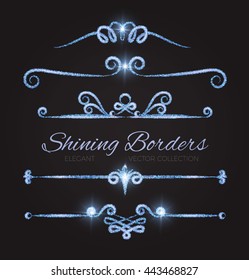 Shining Dividers and Borders Set. Elegant Vignettes Collection. Magic and Glamour Blue and Snow Calligraphic Design. Vector illustration
