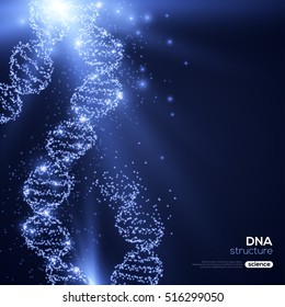 Shining DNA Spirals With Small Particles On Blue Background. Vector Illustration. Science And Medical Research Concept. Molecule Structure