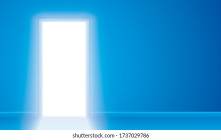 Shining door vector illustration. Bright light coming out from an opened door. Mysterious blue background with a light shining from a magical room or invisible space. Success, entrance or exit concept