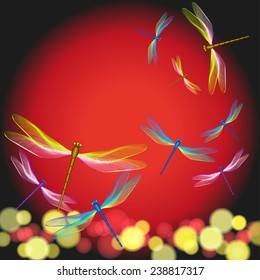 Shining dragonflies flying on sunset -Illustration 