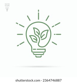 Luminosa bombilla eléctrica con hoja interior. Icono de la energía ecológica sostenible. Ilustración vectorial aislada