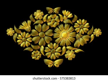 Shining embroidery on a black background, golden flowers. traditional ornament. Vintage design for clothing. a beautiful print on the fabric. vector illustration