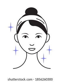 Vector de icono de la cara brillante. La chica muestra su cara después de limpiar, blanquear la cara y usar un limpiador cosmético. Info-gráfico en la ilustración de estilo de contorno aislado en fondo blanco.