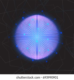 Shining fibrous sphere. Vector abstract background made in 80s style.