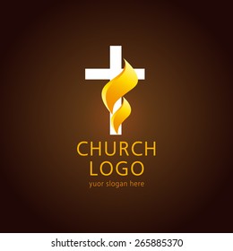 Shining fiery cross. Religious vector christian church logo. Crucifix lighting icon gold colored. Isolated abstract graphic design template