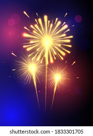 Shining Fireworks with golden ring. All light effects, stars isolated and grouped. Colorful fireworks vector on dark blue background with sparking bokehs