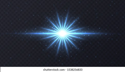 Shining flare with stars and sparkles isolated on dark transparent background. Blue lens flare, stardust, shining star with rays concept. Glowing vector light effect.