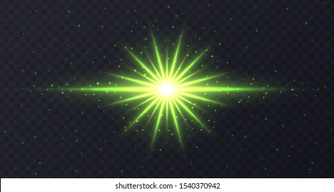 Shining flare with stars and sparkles isolated on dark transparent background. Green lens flare, stardust, shining star with rays concept. Glowing vector light effect.