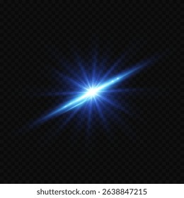 Shining flash of light blue star with realistic lens flare. On a transparent background