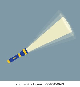 Shining flashlight icon. Electric tool. Modern design. Blue torch lite in gray background. Line art. Vector
