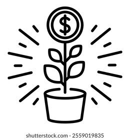 A shining, flourishing money plant, symbolizing growth, prosperity, and sustainable finance round line vector icon with editable stroke