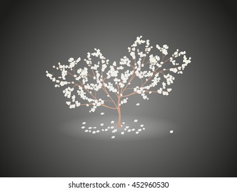 Shining a flowering cherry tree with falling flowers on a dark grey background